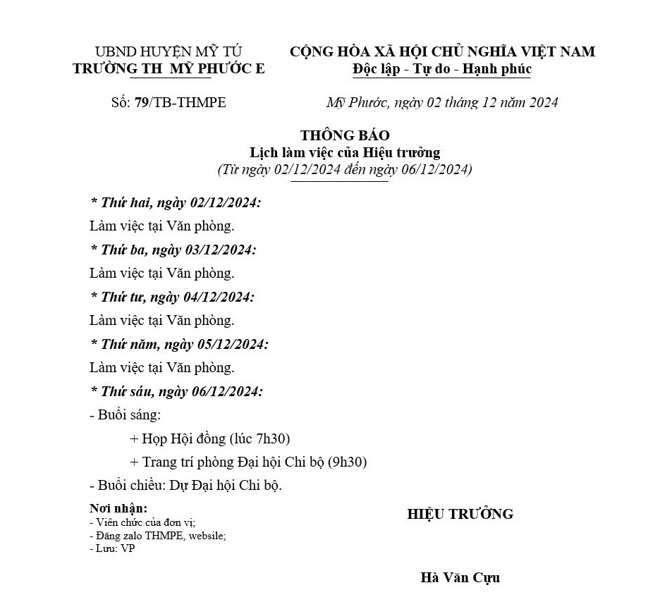 Lịch làm việc của hiệu trưởng từ ngày 2/12 - 6/12/2024